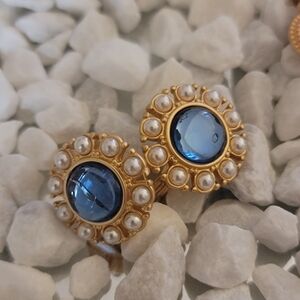 Gold-Tone Pearl Halo Clip Earrings with Blue Cabochon